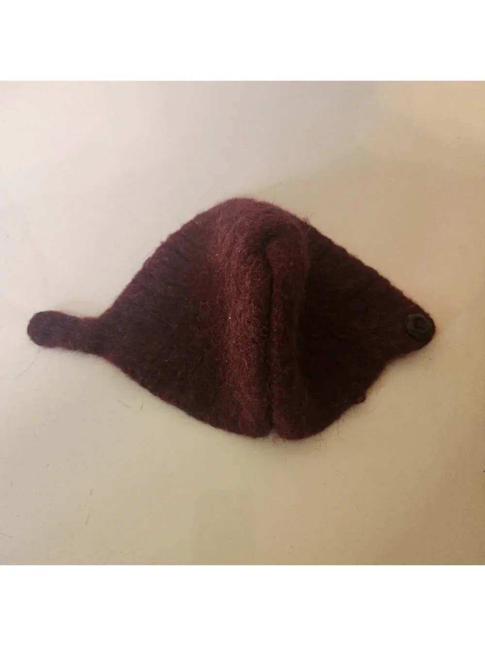 Burgundy Wool Knit Bonnet Hat Button Chin Strap Fuzzy Warm WinterCap Handcrafted